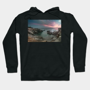 Beavertail Lighthouse sunset over ocean in Jamestown, Rhode Island Hoodie